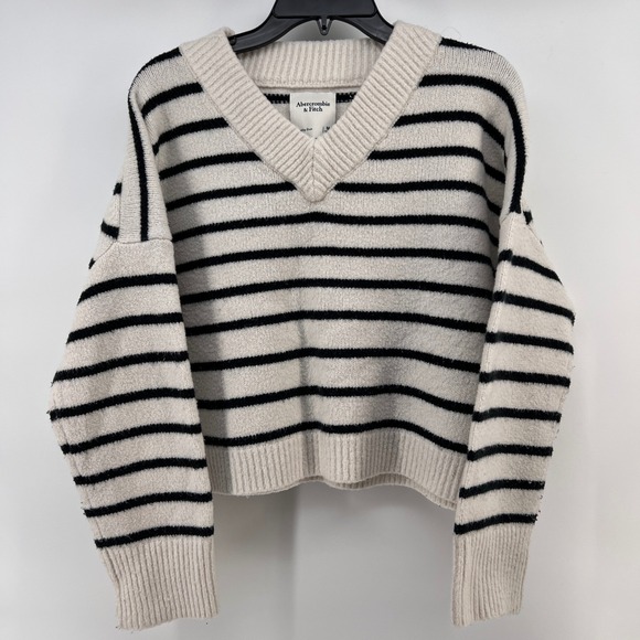 Abercrombie & Fitch Sweaters - Abercrombie Fitch Striped V Neck Sweater Cream Black Long Sleeve Women's M Crop